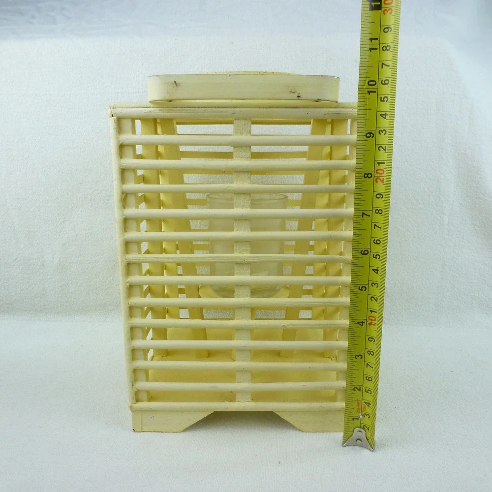 Vintage Yellow Wooden Slatted Lantern Candle Holder with‎ Glass Insert